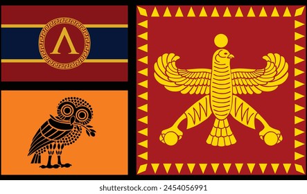 Banderas de Atenas y Esparta contra la bandera del Imperio Persa. Símbolo antiguo Esparta, Ilustración vectorial de Atenas. Ciudad estado en la antigua Grecia. Valientes guerreros de la antigua guerra griega persa. Bandera de Atenas.