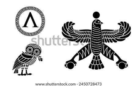 Athens and Sparta flags against Persian Empire flag. Ancient symbol Sparta, Athens polis vector illustration. City state in ancient Greece. Brave warriors from antique Greek Persian war. Athens flag.