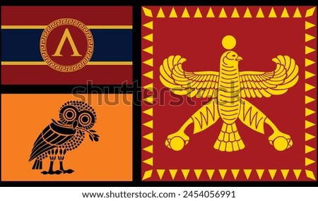 Athens and Sparta flags against Persian Empire flag. Ancient symbol Sparta, Athens polis vector illustration. City state in ancient Greece. Brave warriors from antique Greek Persian war. Athens flag.