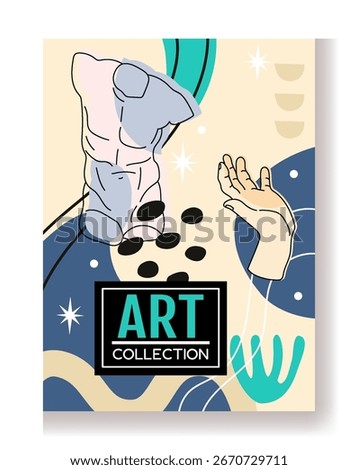 Athens statue. Art abstract poster. Ancient sculpture. Broken marble body. Contemporary collage. Curve simple forms. Artwork exhibition. Doodle geometric shapes. Vector creative minimalistic banner