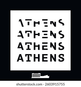 Athens typography minimalist vector image for sticker, logo, icon layout. Square shape print image template with text, black and white for Greece city