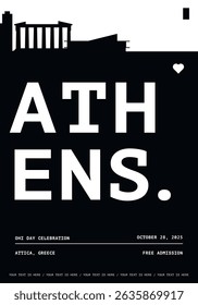 Athens typography minimalist vector poster for event, national festival, independence or ohi day, holiday layout. Brochure, leaflet, flyer, presentation monochrome image template for Greece city