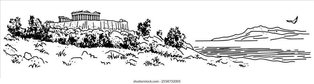 Athens with a view of the Acropolis hand drawing doodle hatching vector sketch, city ​​panorama