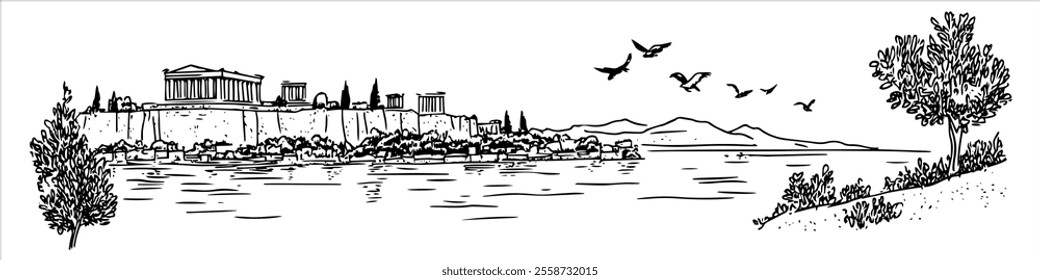 Athens with a view of the Acropolis hand drawing doodle hatching vector sketch, city ​​panorama