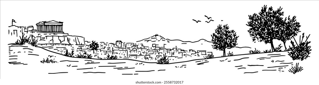 Athens with a view of the Acropolis hand drawing doodle hatching vector sketch, city ​​panorama