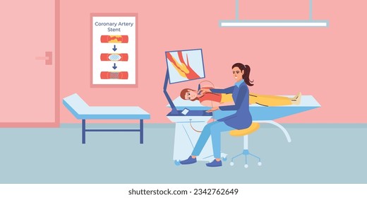 Composición plana de arteria aterosclerosis con visión interior de la oficina de médicos con sistema de computadora de ultrasonido e ilustración de vectores de personas