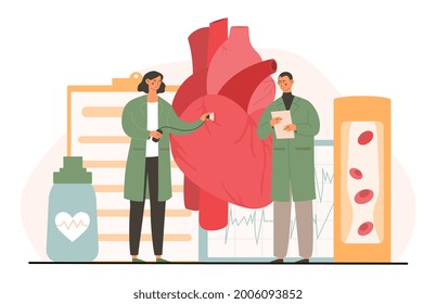 Atherosclerosis Concept. Doctors Check The Patient Heart And Blood Vessels. Elevated Cholesterol Levels In The Blood. Blockage Of Blood Vessels. Cartoon Flat Vector Illustration On A White Background