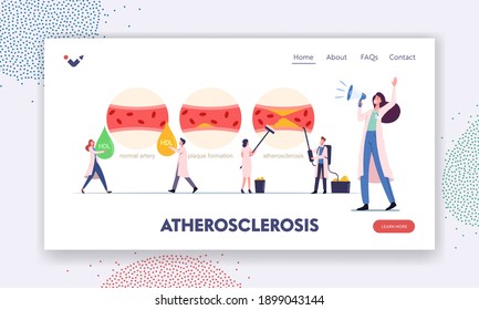 Atherosclerosis Landing Page Template. Tiny Medic Characters Presenting Human Blood Artery Normal, Plaque Formation and Vessel Blocked with Cholesterol, Health Care. Cartoon People Vector Illustration