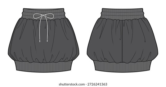 Athlazer Bolha Mini saia Ilustração de moda técnica. Saia de cordão de alta cintura com costela tricô hem, forma de balão estruturado, moda de rua inspirada em esportes. Vista frontal e traseira. Conjunto de montagem CAD.