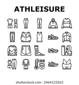 athleisure clothing fashion icons set vector. shirt coat, cloth apparel, dress jacket, shop suit, pants skirt athleisure clothing fashion black contour illustrations