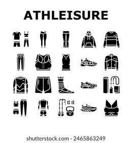 athleisure clothing fashion icons set vector. shirt coat, cloth apparel, dress jacket, shop suit, pants skirt athleisure clothing fashion glyph pictogram Illustrations