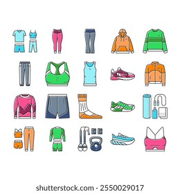 Conjunto de iconos de moda de ropa de ocio deportivo. Vector. abrigo de camisa, ropa de tela, chaqueta de vestir, traje de tienda, falda de pantalones Ropa de ocio deportivo Ilustraciones de línea de color de moda