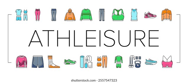 athleisure clothing fashion icons set vector. shirt coat, cloth apparel, dress jacket, shop suit, pants skirt athleisure clothing fashion color line illustrations