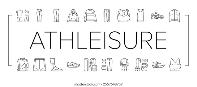 athleisure clothing fashion icons set vector. shirt coat, cloth apparel, dress jacket, shop suit, pants skirt athleisure clothing fashion black contour illustrations