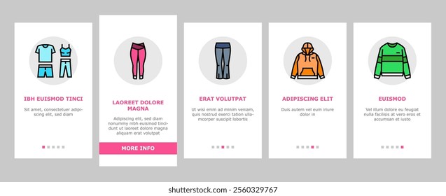 athleisure clothing fashion onboarding mobile vector shirt coat, cloth apparel, dress jacket, shop suit, pants skirt athleisure clothing fashion illustrations