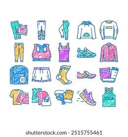 athleisure clothing woman fashion doodle icons set vector. sketch line art sporty clothes, runway sweatshirt, oversize gym, girls good sweatsuit athleisure clothing woman fashion color illustrations