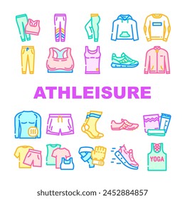 Athleisure Kleidung Frau Mode Icons Set Vektorgrafik. Sportliche Kleidung, Runway Sweatshirt, Oversize-Fitnessstudio, Mädchen guter Sweatsuit Athleisure Kleidung Frau Mode Farbe Linie Illustrationen