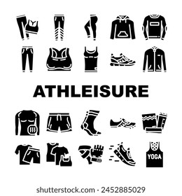 athleisure clothing woman fashion icons set vector. sporty clothes, runway sweatshirt, oversize gym, girls good sweatsuit athleisure clothing woman fashion glyph pictogram Illustrations