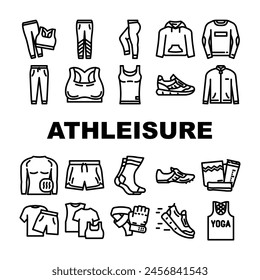 Athleisure Kleidung Frau Mode Icons Set Vektorgrafik. Sportliche Kleidung, Runway Sweatshirt, Oversize-Fitnessstudio, Mädchen guter Sweatsuit Athleisure Kleidung Frau Mode Schwarze Kontur Illustrationen