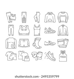 Athleisure Kleidung Frau Mode Icons Set Vektorgrafik. Sportliche Kleidung, Runway Sweatshirt, Oversize-Fitnessstudio, Mädchen guter Sweatsuit Athleisure Kleidung Frau Mode Schwarze Kontur Illustrationen