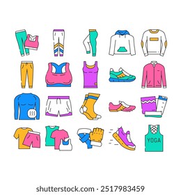 athleisure clothing woman fashion icons set Vector. ropa deportiva, sudadera de pasarela, gimnasio de gran tamaño, buen sudadero de las niñas athleisure clothing woman fashion color Contour Ilustraciones