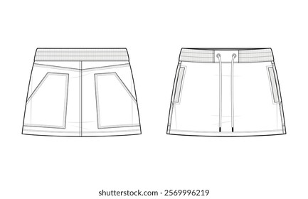 Athleisure mini skirt Technical Fashion Illustration. short Skirt  with Side Pockets Vector Template. Front and back View. Comfortable Fit. Adjustable Waistband. White Color. CAD Mockup.