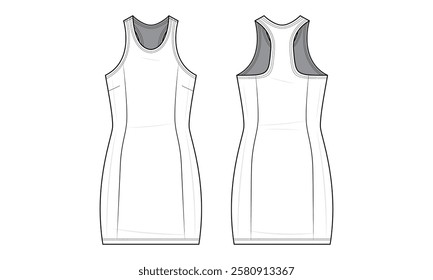 Athleisure Racerback Bodycon Dress Technical Fashion Illustration. Fitted Sleeveless Dress Vector Template. Contour Seams. Front and back view. Mini-Length. Women’s Activewear. CAD mockup set. 