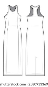 Athleisure Racerback Maxi Dress Technical Fashion Illustration. Fitted Sleeveless Dress Vector Template. Contour Seams. Front and back view. Ankle-Length. Women’s Activewear. CAD mockup set.