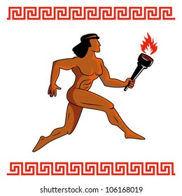 Atleta de la antigua Grecia corriendo con antorcha encendida, ilustración vectorial