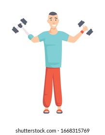 Athlete with Arm Prosthesis lifts dumbbells