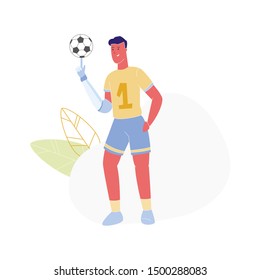 Athlete with Arm Prosthesis Playing Football, Active Amputee Man Training with Soccer Ball. Disabled Character with Amputated Limb Rehabilitation, Recovery Exercise. Cartoon Flat Vector Illustration