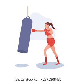 Athlete Art. Powerful Female Boxer. Young healthy woman punching at boxing bag. Sport and exercising.