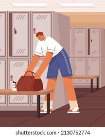 Atleta con bolsa en el vestidor de gimnasios con taquillas, armarios y banco. Joven cambiando de ropa para hacer ejercicio en el gimnasio. Deportista en guardarropa, armario. Ilustración vectorial plana