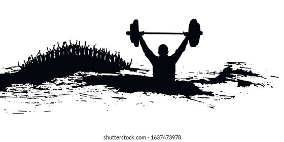Athlete with a barbell on the background of a crowd of happy people