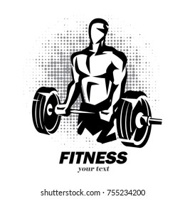 athlete with barbell silhouette, weight lifting logo or emblem template