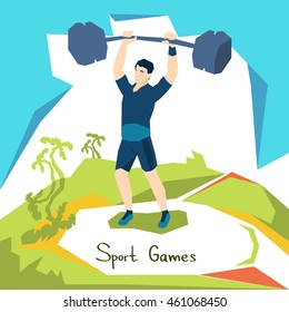 Athlete With Barrel Weightlifting Sport Competition Flat Vector Illustration