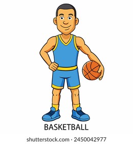 Athlete basketball player with ball isolated on white background in cartoon style. Vector illustration. 