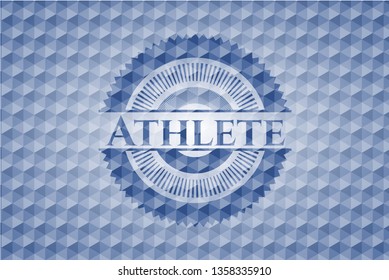 Athlete blue emblem with geometric pattern background.