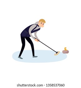 An athlete in a blue jacket and black pants on the ice is rubbing the floor with a brush, thus pushing the stone.