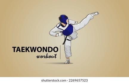 Athlete in a blue vest and a protective helmet on his head kicks in the martial art of taekwondo. Vector illustration.