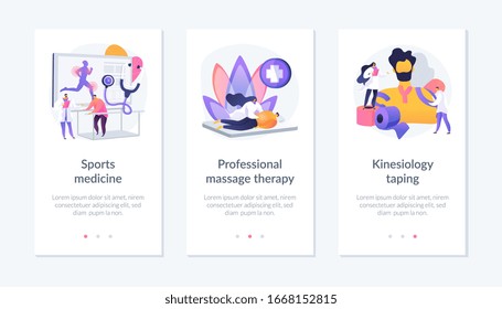 Athlete body recovery, sports injuries treatment, healthcare. Sports medicine, professional massage therapy, kinesiology taping metaphors. Mobile app UI interface wireframe template.