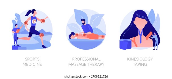 Athlete body recovery, sports injuries treatment, healthcare. Sports medicine, professional massage therapy, kinesiology taping metaphors. Vector isolated concept metaphor illustrations.