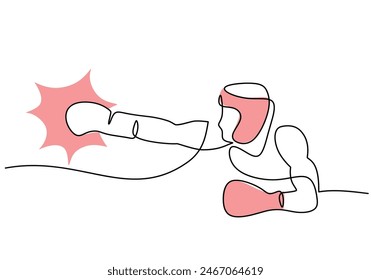 Athlete boxer with gloves and a helmet is training in one continuous single line drawing isolated on a white background.