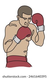 Athlete boxer in gloves is training. One line drawing.