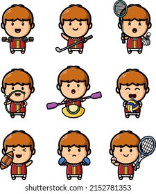 The athlete boy play the sport mascot bundle set of illustration