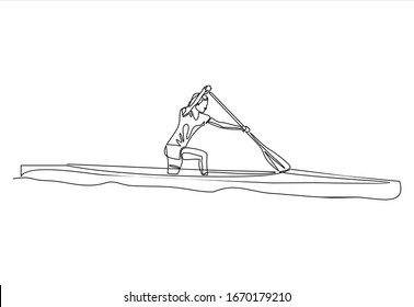 athlete canoeist rowing in canoe, competition race.One continuous single drawing line