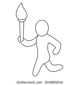 The athlete carries the Olympic flame. Sketch. Vector icon. Opening of a sporting event. The man is running. Isolated white background. Coloring book for children. Doodle style. Idea for web design.