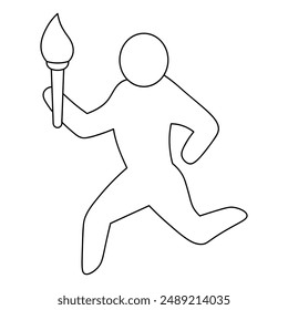 An athlete carries the Olympic flame. Sketch. Vector icon. Opening of a sporting event. The man is running. Isolated white background. Coloring book for children. Doodle style. Idea for web design.