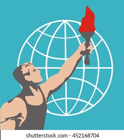 The athlete with the ceremonial flaming torch background of the globe. Rio. Brazil 2016. Vector illustration 