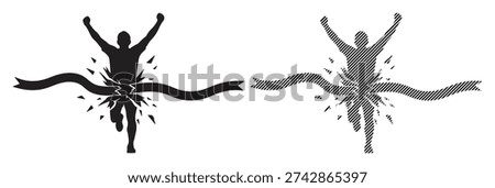 Athlete character victory moment with broken tape, sport achievement icon, winner concept